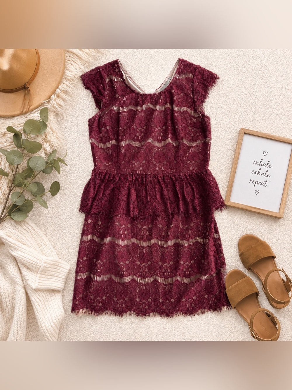Maeve Anthropologie Burgundy Lace Peplum Dress Size Large Romantic Cocktail
